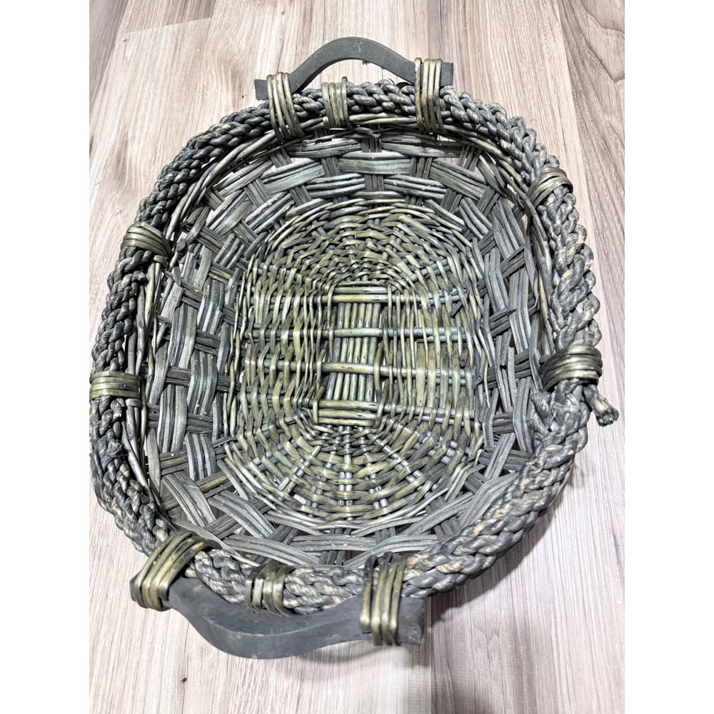 Rustic Weathered Gray Wicker Basket Oval Decorative Tray with Wood Handles